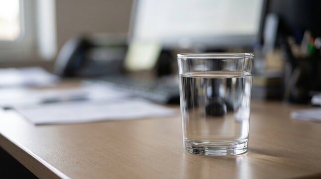 Refreshing glass of water on a busy office desk