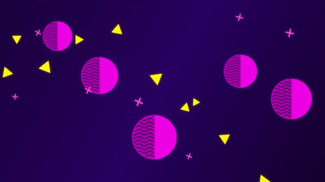 Memphis Style Motion Graphic Background Featuring Vibrant Pink Circles With Wavy Texture Patterns And Floating Yellow Geometric Triangles Plus Pink Crosses On A Deep Purple Backdrop Minimalist Aesthet