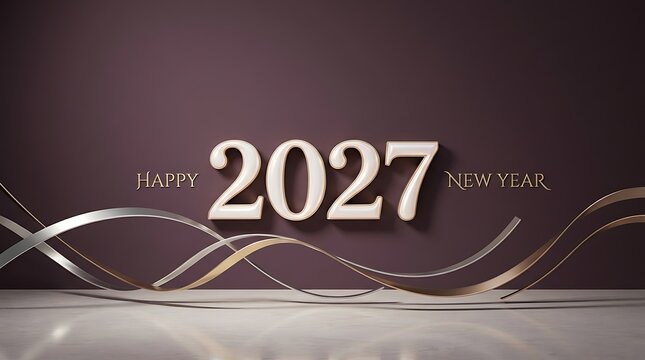 Happy New Year 2027 golden text with elegant swirls on a burgundy background