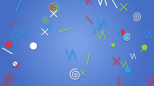 Minimalist Animated Background Featuring Playful Floating Geometric Shapes Including Spirals Crosses Circles And Lines Moving Dynamically Across A Clean Blue Backdrop In A Seamless Modern Graphic Loop