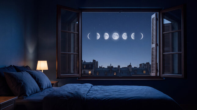 Bedroom window at night with glowing moon phases above city rooftops.