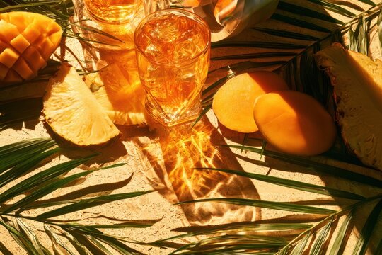 Tropical fruit and textured glasses illuminated by golden sunlight with palm leaves and a sandy surface in a warm overhead still life composition
