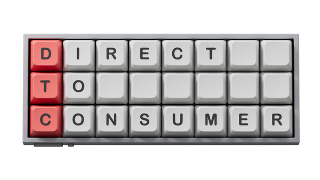 three stone cubes on the background of white financial statements, tables with the word D2C - acronim Direct to Consumer. StrongSupports PNG files