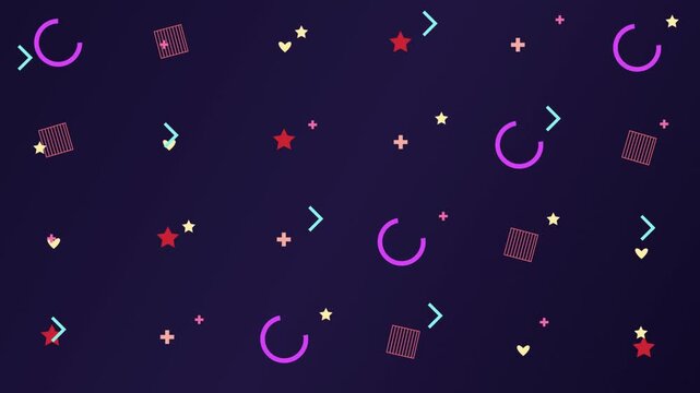 Minimalist Memphis Style Animated Background Featuring Floating Geometric Shapes Like Stars Hearts Plus Signs And C-Shaped Arcs With A Smooth Dark Blue Gradient Aesthetic For Modern Motion Graphics De