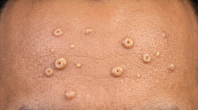Molluscum contagiosum viral skin infection umbilicated papules on human forehead