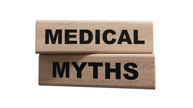 Medical myths. Flat lay composition with wooden squares and medical supplies.Supports PNG files with transparent backgrounds.