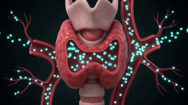 3D illustration of the human thyroid gland releasing hormones into the bloodstream.