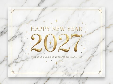 Elegant Happy New Year 2027 golden text on a white marble background with stars and a decorative border