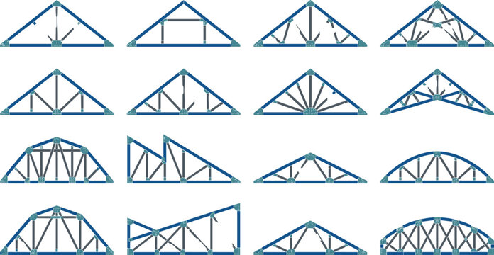 Structural Roof Truss Vector Illustration Set with Steel Frameworks, Triangular Supports, Gable Roof Designs, Bridge Beams, and Architectural Engineering Structures
