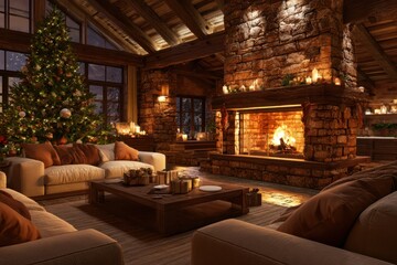 Naklejka premium Christmas living room with decorated tree, stone fireplace, glowing fire, candles, wood beams, and cozy seating in a rustic mountain lodge interior