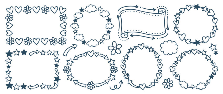 Decorative line art borders and frames. Ornamental monoline designs for crafting. Hearts, stars, flowers, banners, wreaths, scrolls, circles, ovals. Vector illustration.