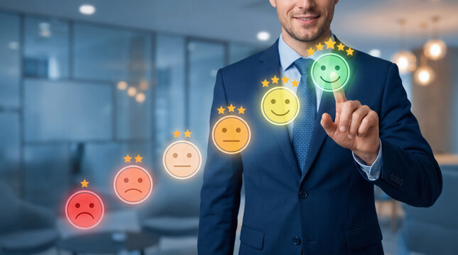 Businessman choosing a five star rating for excellent service in a professional office setting representing customer feedback and experience