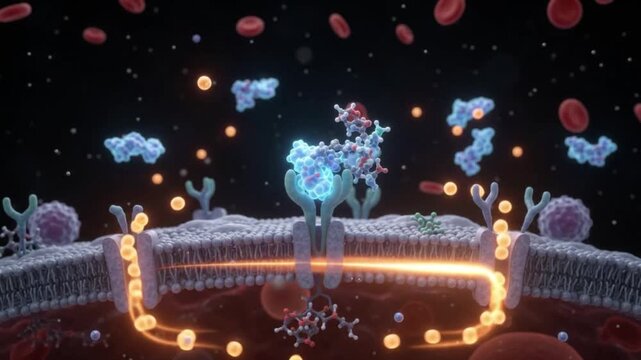 Molecular interactions at the cell membrane showing receptor binding and signal transduction pathways.