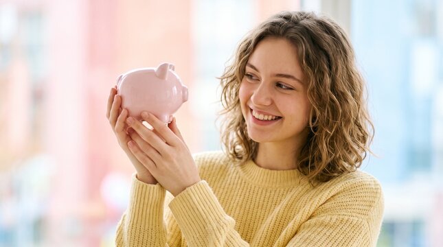 Young woman smiling holding a pink piggy bank for saving money and financial planning