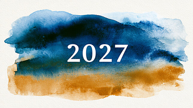 2027 white lettering on blue and ochre watercolor brushstroke, textured abstract painted banner with layered pigment and irregular edges for graphic design