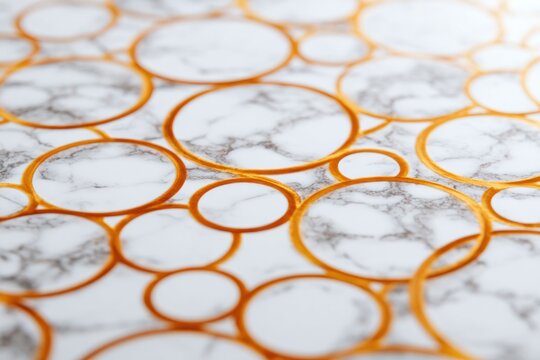 Close view of a marble surface featuring orange circular designs