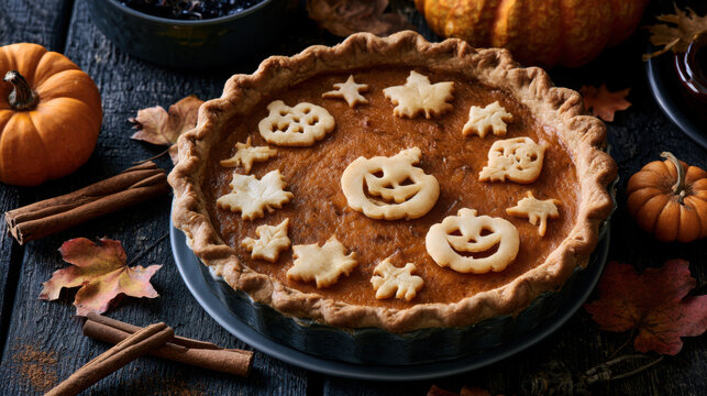 Pumpkin pie decorated with halloween pastry cutouts for autumn