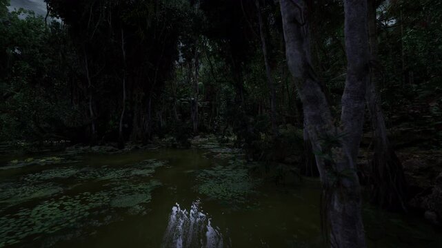 Secret lagoon swallowed by midnight with nearblack water and scattered lily mats, overhanging branches form frame and subtle highlights create mysterious,