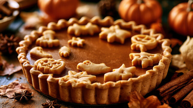 Pumpkin pie decorated with halloween pastry cutouts isolated on a
