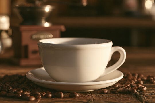 White ceramic coffee cup and saucer surrounded by roasted beans on a rustic wooden table in warm cafe lighting, close up still life