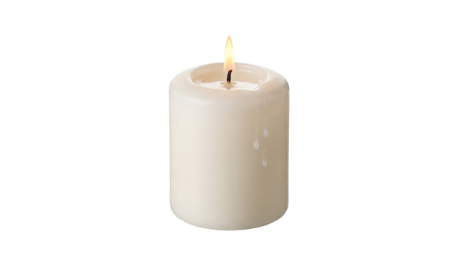 Burning white pillar candle with glowing flame, wax candle light for spa relaxation, warm paraffin candle for home decor isolated PNG with Transparent Background