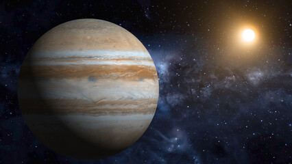 Jupiter planet with sun and stars in deep space galaxy cosmos © Surjomukhi
