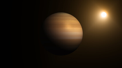 Jupiter planet illuminated by a distant sun in dark space cosmos astronomy © Surjomukhi