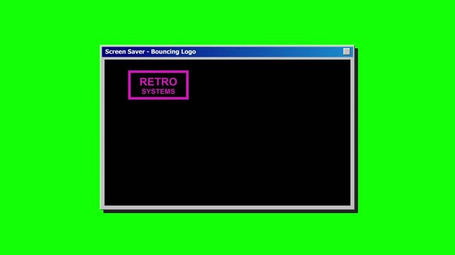 Retro screensaver window with bouncing logo on black background on green screen, representing idle computer, corner bounce, and nostalgic screensaver.