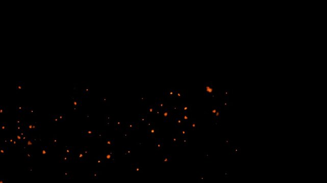Glowing orange embers floating on a black background, fiery sparks and burning particles creating a dramatic cinematic effect for fire, fantasy, transitions and motion graphics