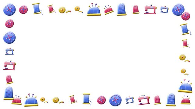 Sewing frame 3d glossy animation on white background horizontal loop
