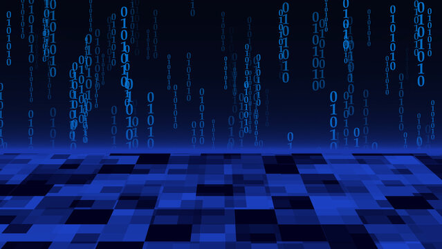 Digital binary code falling from above onto a blue checkered floor data technology