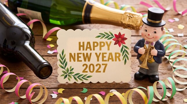 Wooden hang tag and slate with four leaf clover and sparklers with the german words for happy new year - frohes neues jahr 2027 on wooden weathered ... See More