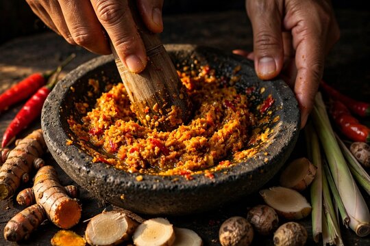 Hands grinding Indonesian bumbu spice paste of red chilies, turmeric and galangal in a stone cobek mortar with wooden pestle, macro texture