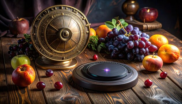 Elaborate baroque still life arrangement featuring an antique bronze astrolabe and fresh seasonal fruit beside a modern wireless charger
