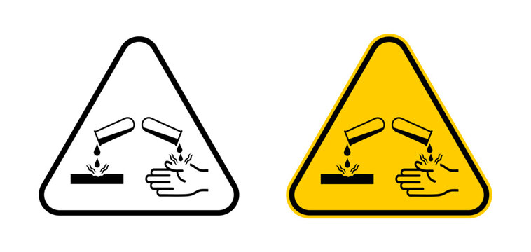 Corrosive hazard warning sign icons with chemical burn symbol in solid and yellow triangle. Corrosive substance warning for chemical safety and workplace protection