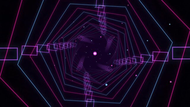 Glowing neon cyber tunnel animation with futuristic hexagonal geometric lines and expanding blue light central sphere looping seamlessly on dark background for sci-fi electronic background