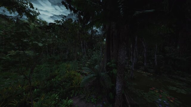 overgrown muddy path leading to hidden lagoon under dark sky with shallow pools and dense vegetation, cinematic microadventure scene suggesting lost camper