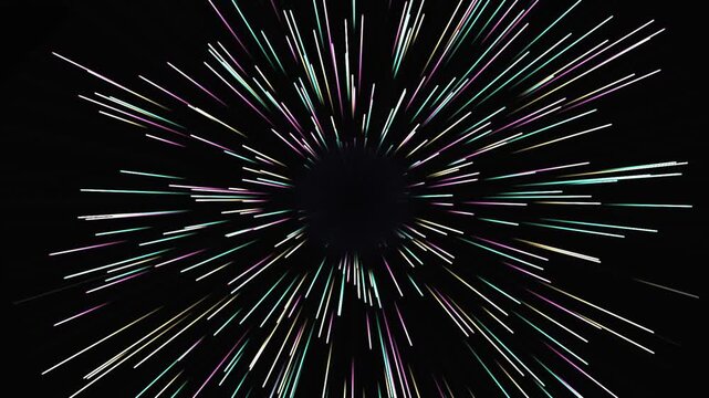 Glowing pastel neon light streaks burst outwards in a futuristic hyperspace warp speed motion graphic background loop with dynamic cosmic starburst ray trails radiating from dark space center