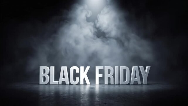 White 3D letters spelling black friday standing on a dark smoky floor under a dramatic spotlight