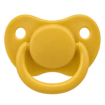 A bright yellow baby pacifier isolated on a clean white background for infant care concepts
