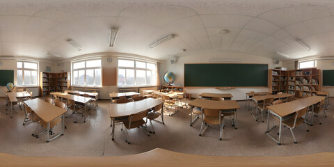 360 degree equirectangular panorama of an empty school classroom with desks and chalkboard © David