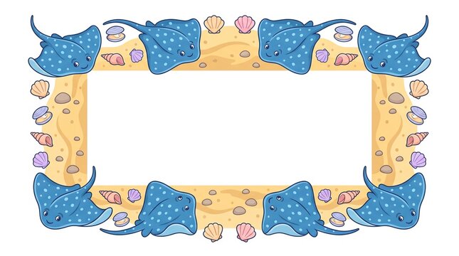 Cute cartoon blue stingray and seashells rectangular frame border illustration