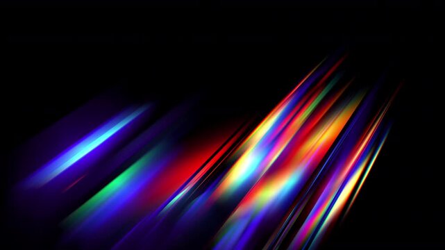 Colorful luminous rays converge and spread across deep black background. Radiant rainbow light streams. Saturated colors blend smoothly while glowing beams create depth and movement. Seamless loop 4K