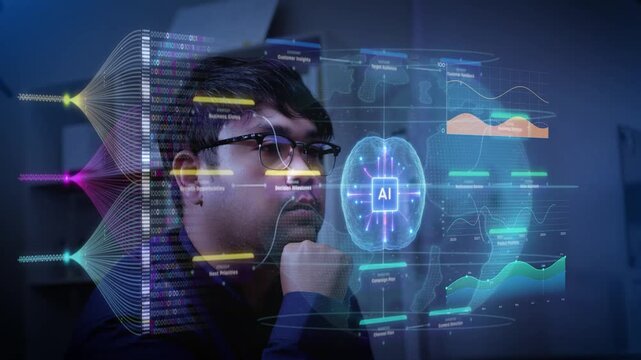 Asian businessman analyzing artificial intelligence interface data with focus and intellectual engagement