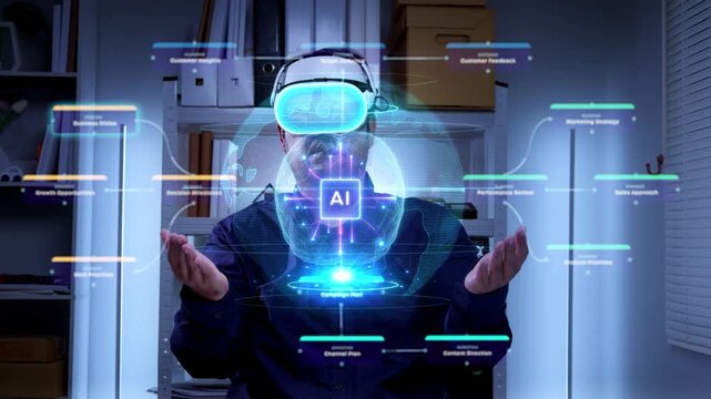 Man using VR headset interacting with virtual AI dashboard interface at office