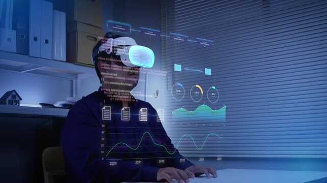 Businessman using VR headset to manipulate digital data interfaces and floating analytics charts