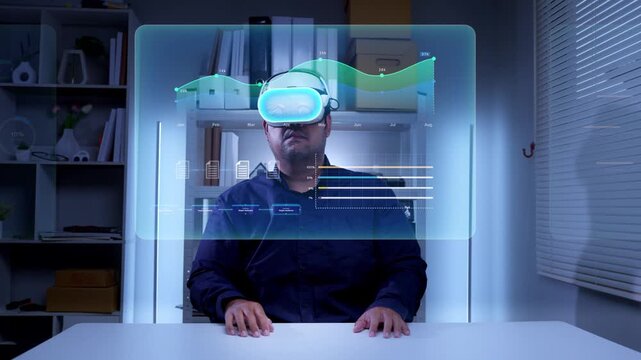Businessman wearing virtual reality headset interacting with digital interface showing analytical data in modern office environment