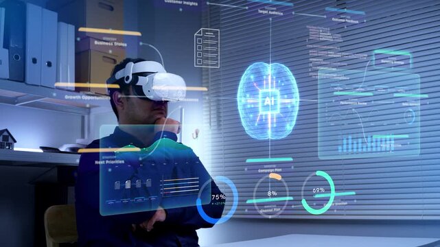 Businessman wearing VR headset analyzing futuristic digital data holograms in modern office