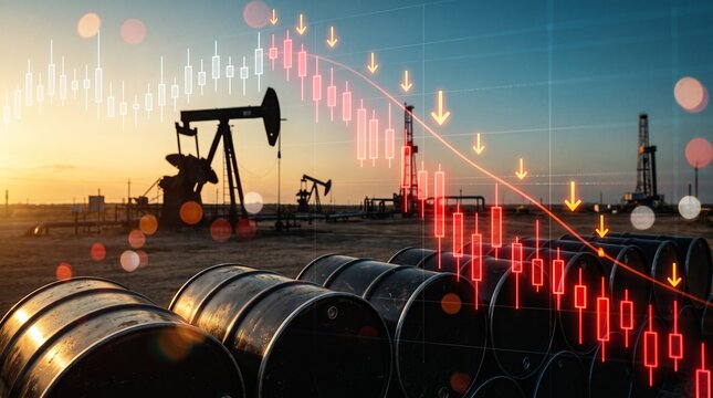 Crude oil barrels and pump jacks with falling red financial stock chart arrow representing global energy crisis and declining oil prices