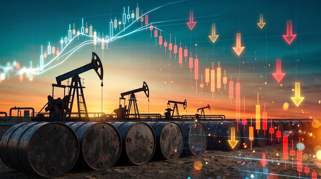 Crude oil price drop concept with oil pump jacks, barrels, and declining financial chart